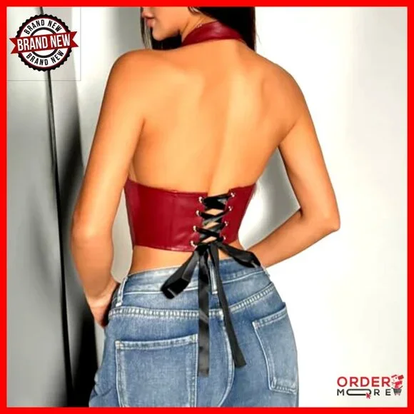 Faux Leather Halter Crop Top Deep V-Neck Lace Up Back Y2K Clubwear - Picture 4 of 6